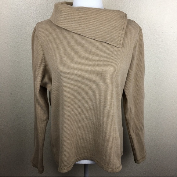 Ann Taylor LOFT Tan Turtleneck Shoulder Button Ribbed Knit Long Sleeve Top XL - Picture 3 of 11